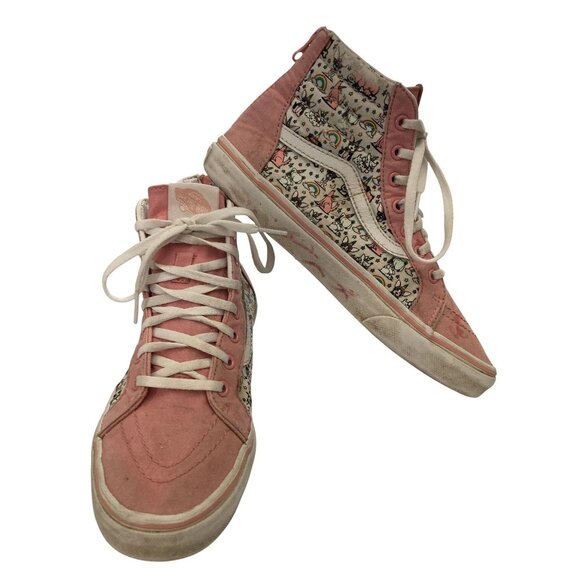 Vans US Juniors size 5.5 High Top Sneakers Pink & White With Cartoon Pattern - Picture 1 of 8